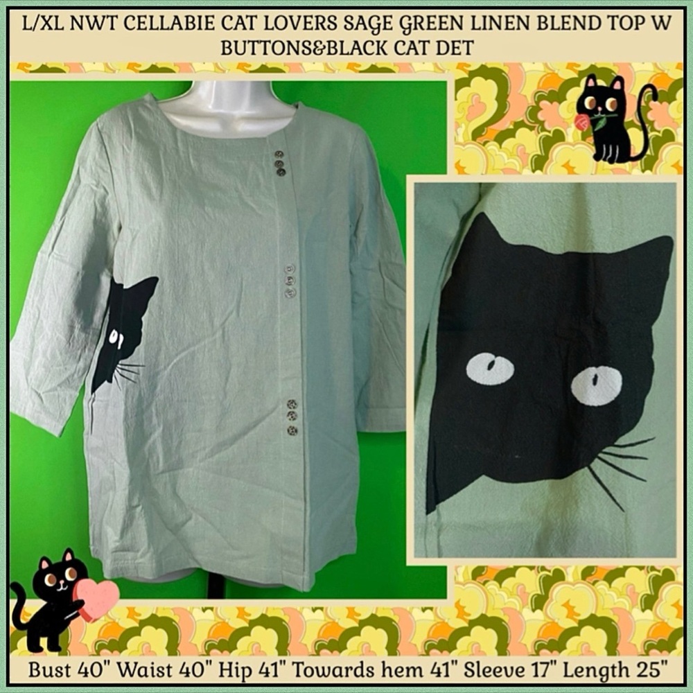 L/XL NWT CELLABIE CAT LOVERS SAGE GREEN LINEN BLEND TOP W BUTTONS&BLACK CAT DET